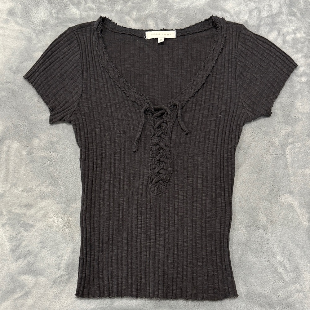 Gilded Intent Black Lace-Up Ribbed Tee